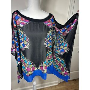 Nicole by Nicole Miller Multi Color Peacock Print Kaftan Blouse Women's M Boxy